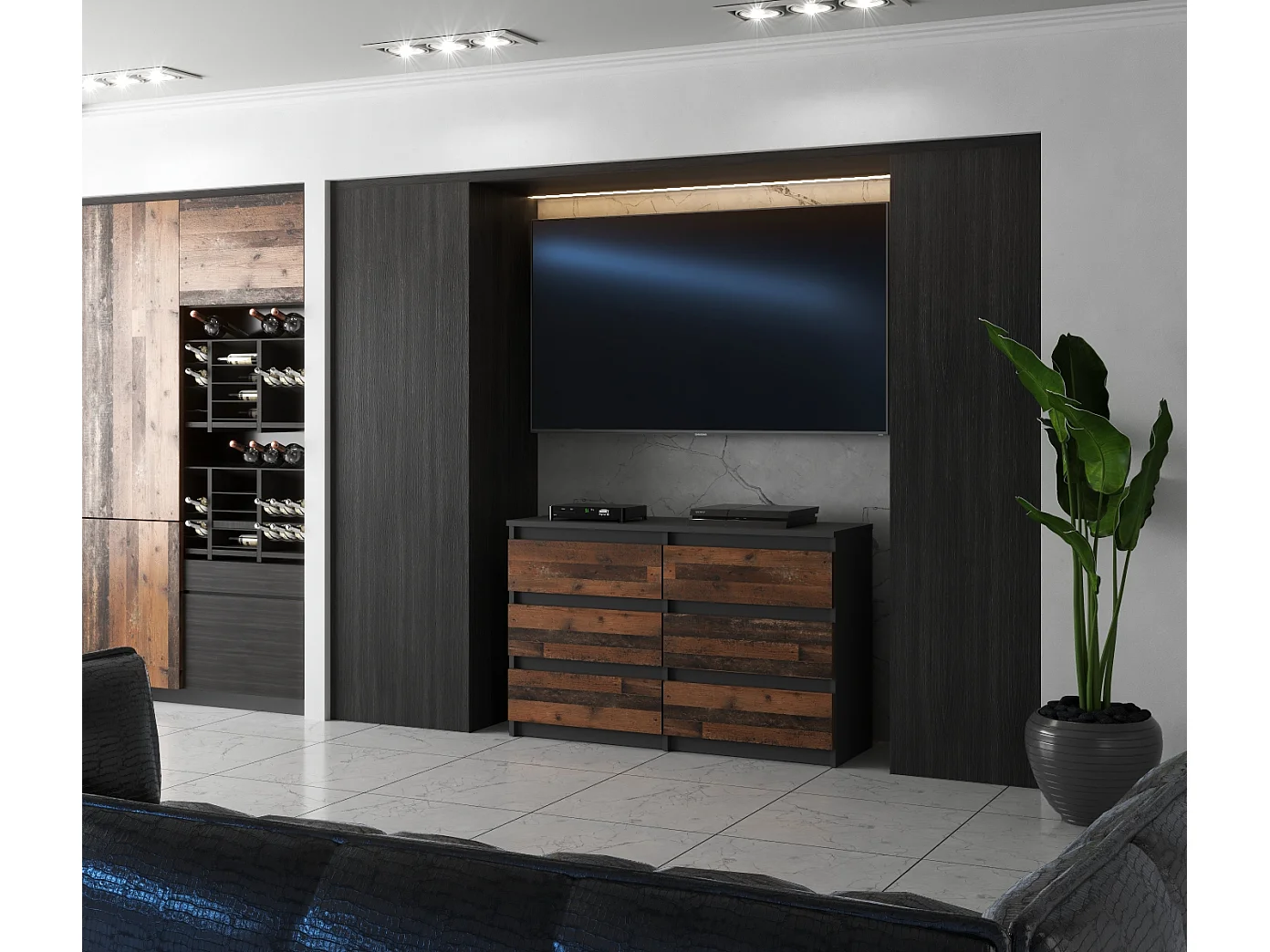 Commode GRISE vintage 100 cm – 6 tiroirs – Meuble TV moderne style rétro salon