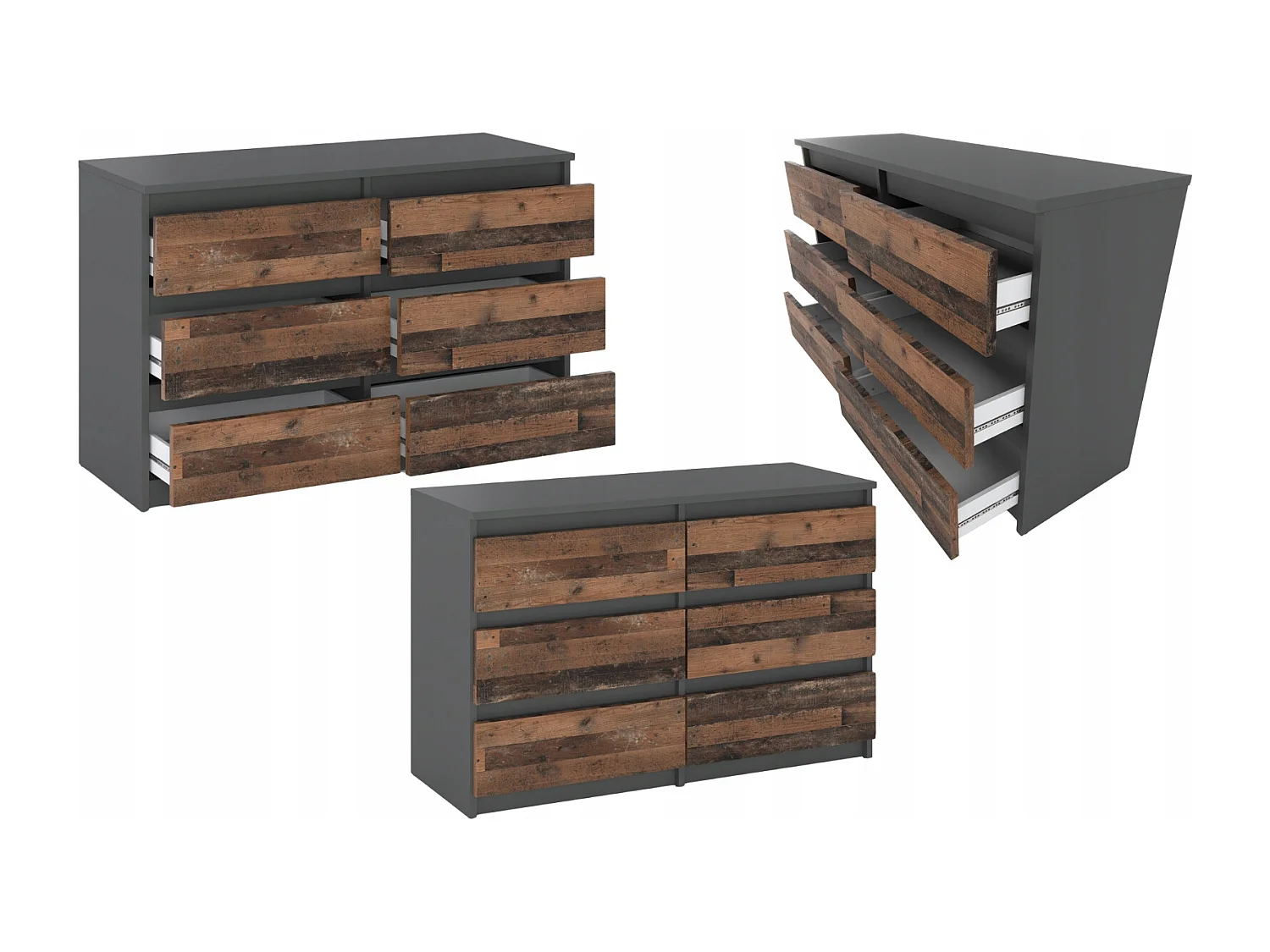 Commode GRISE vintage 100 cm – 6 tiroirs – Meuble TV moderne style rétro salon