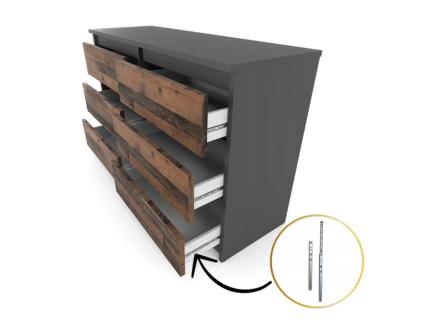 Commode GRISE vintage 100 cm – 6 tiroirs – Meuble TV moderne style rétro salon