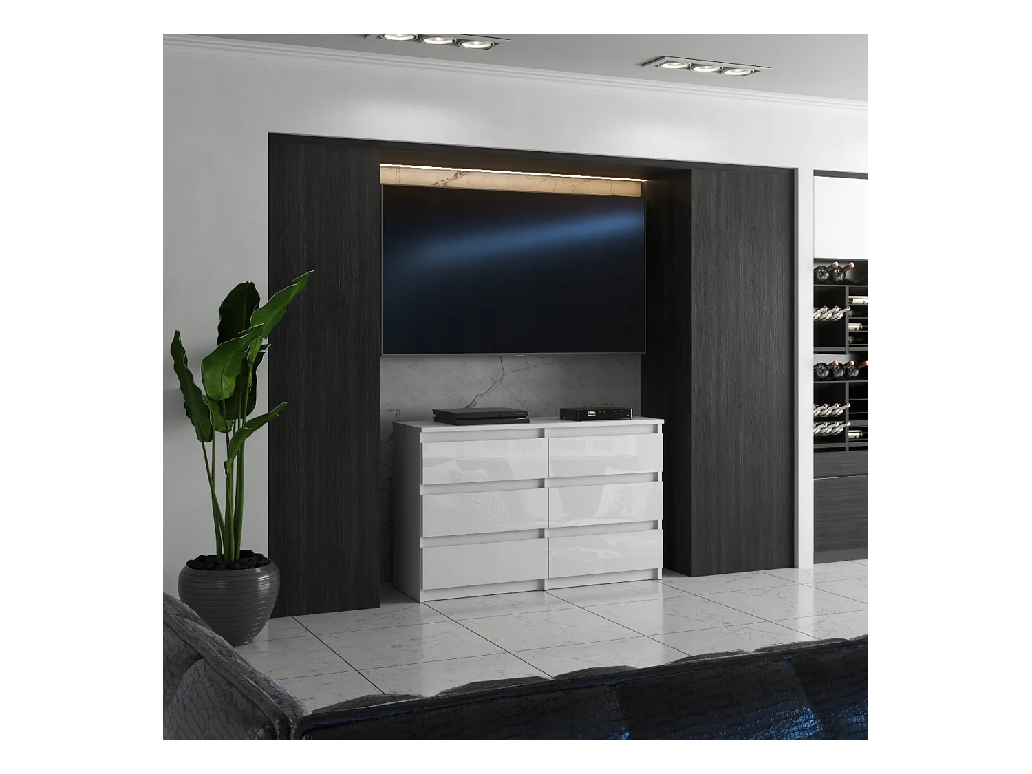 Commode 6 tiroirs – style contemporain – blanc  brillant – 100 cm -chifonnier