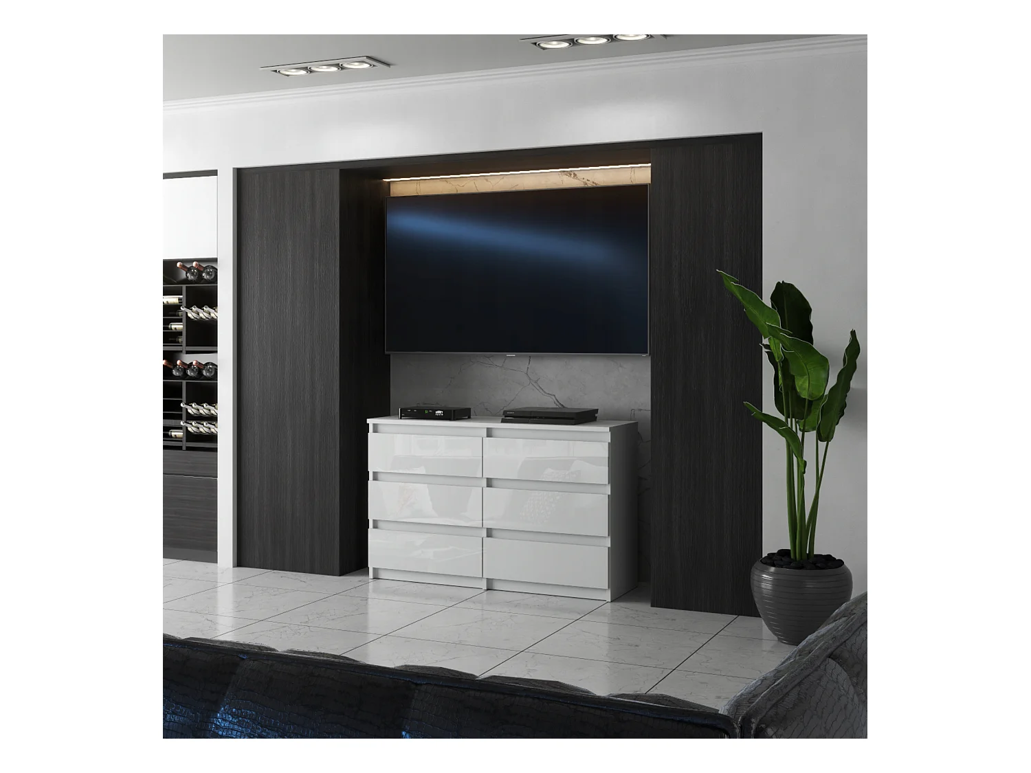 Commode 6 tiroirs – style contemporain – blanc  brillant – 100 cm -chifonnier