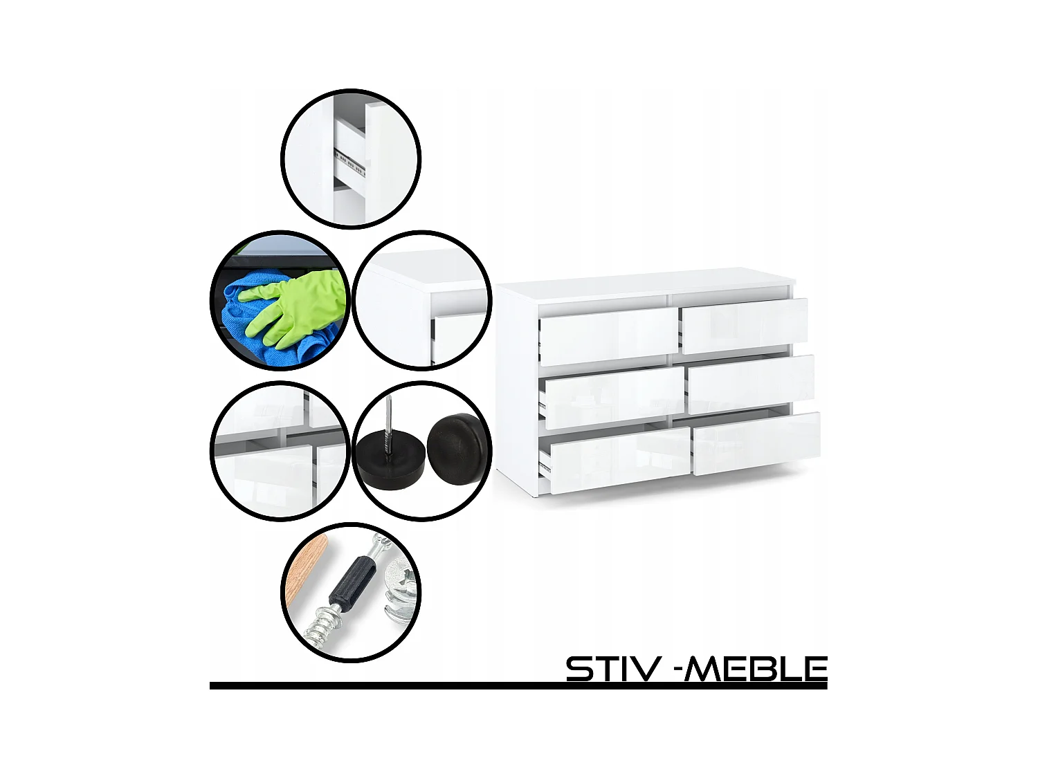 Commode 6 tiroirs – style contemporain – blanc  brillant – 100 cm -chifonnier