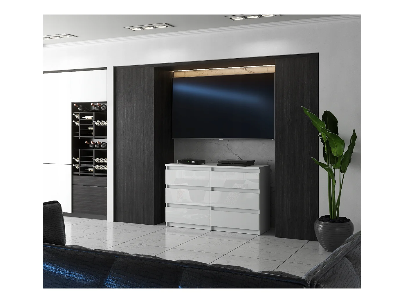 Commode 6 tiroirs – style contemporain – blanc  brillant – 100 cm -chifonnier