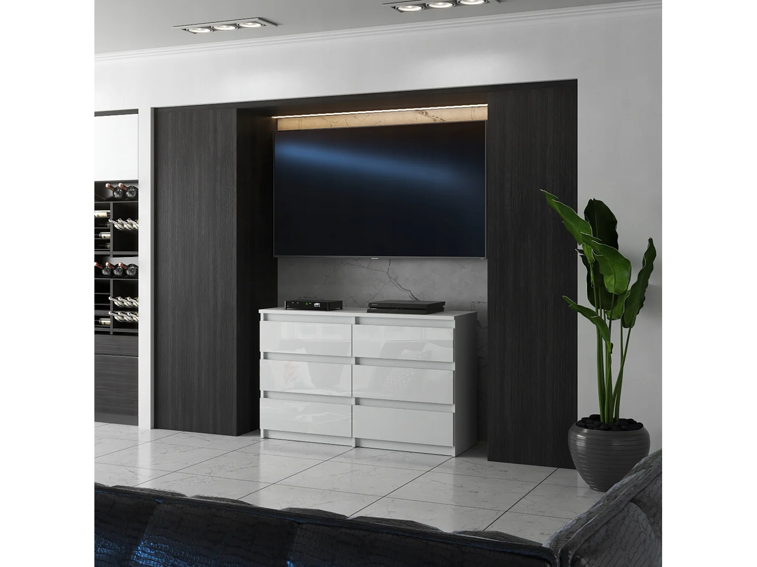 Commode 6 tiroirs – style contemporain – blanc  brillant – 100 cm -chifonnier