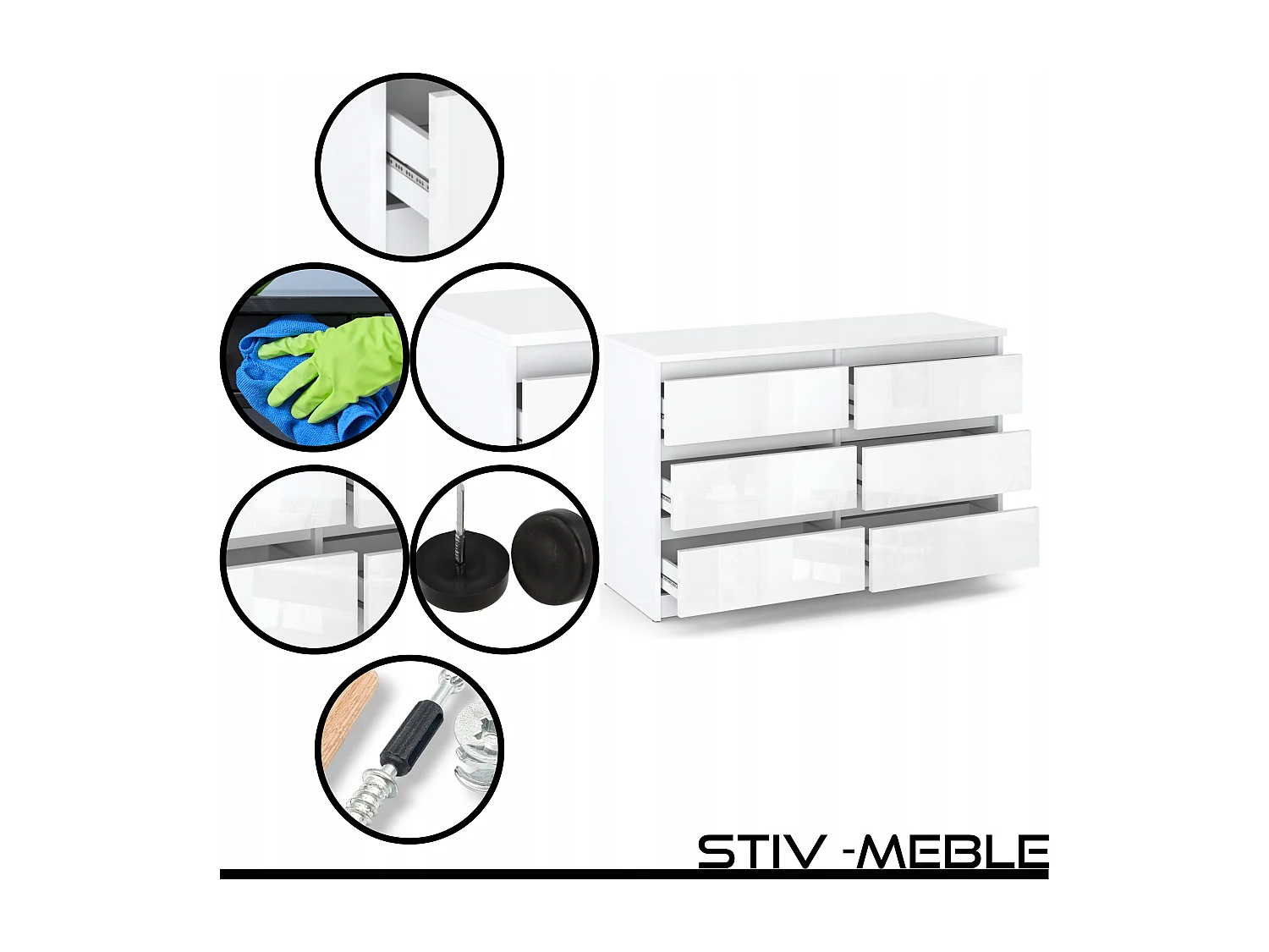 Commode 6 tiroirs – style contemporain – blanc  brillant – 100 cm -chifonnier