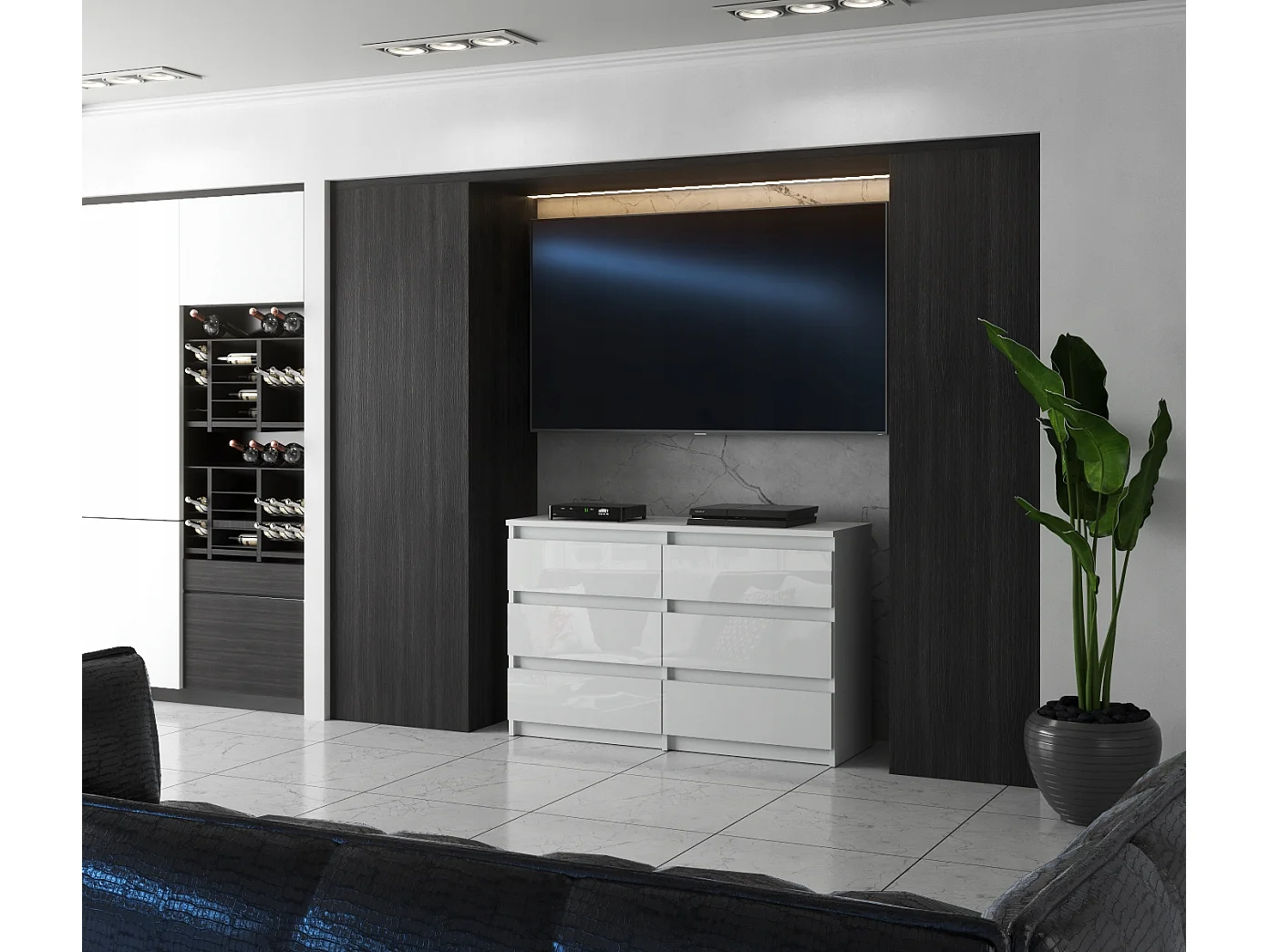 Commode 6 tiroirs – style contemporain – blanc  brillant – 100 cm -chifonnier