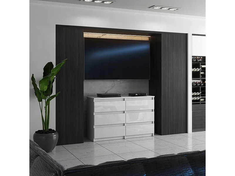 Commode 6 tiroirs – style contemporain – blanc  brillant – 100 cm -chifonnier