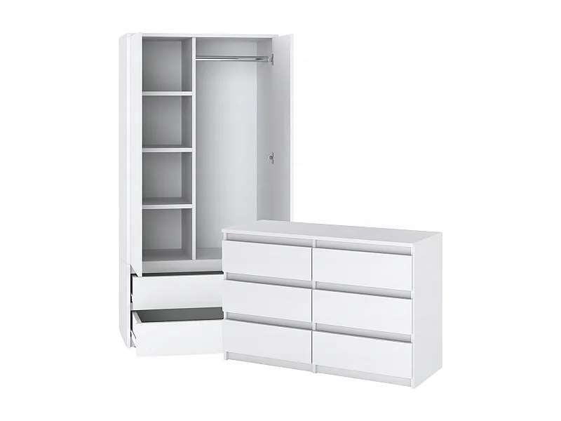 Set de Meuble de Rangement – Armoire 90 cm + Commode 6 Tiroirs 100cm  – Blanc Mat – Moderne et Pratique