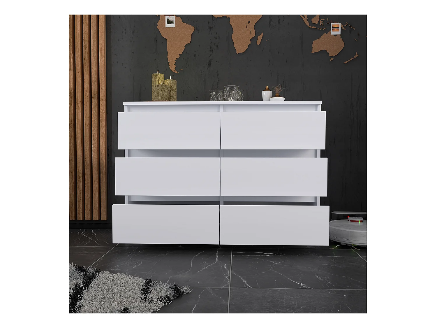 Commode 6 tiroirs – style contemporain – BLANC MAT – 100 cm -chifonnier meuble de salon TV