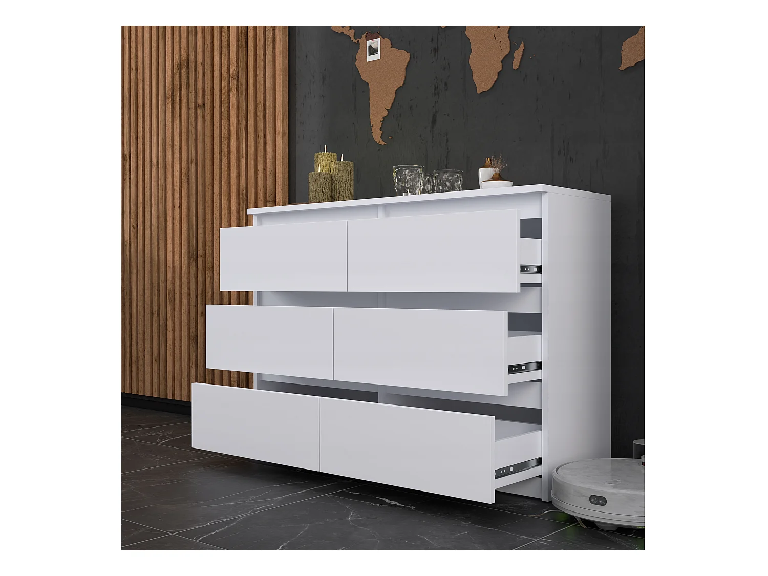 Commode 6 tiroirs – style contemporain – BLANC MAT – 100 cm -chifonnier meuble de salon TV