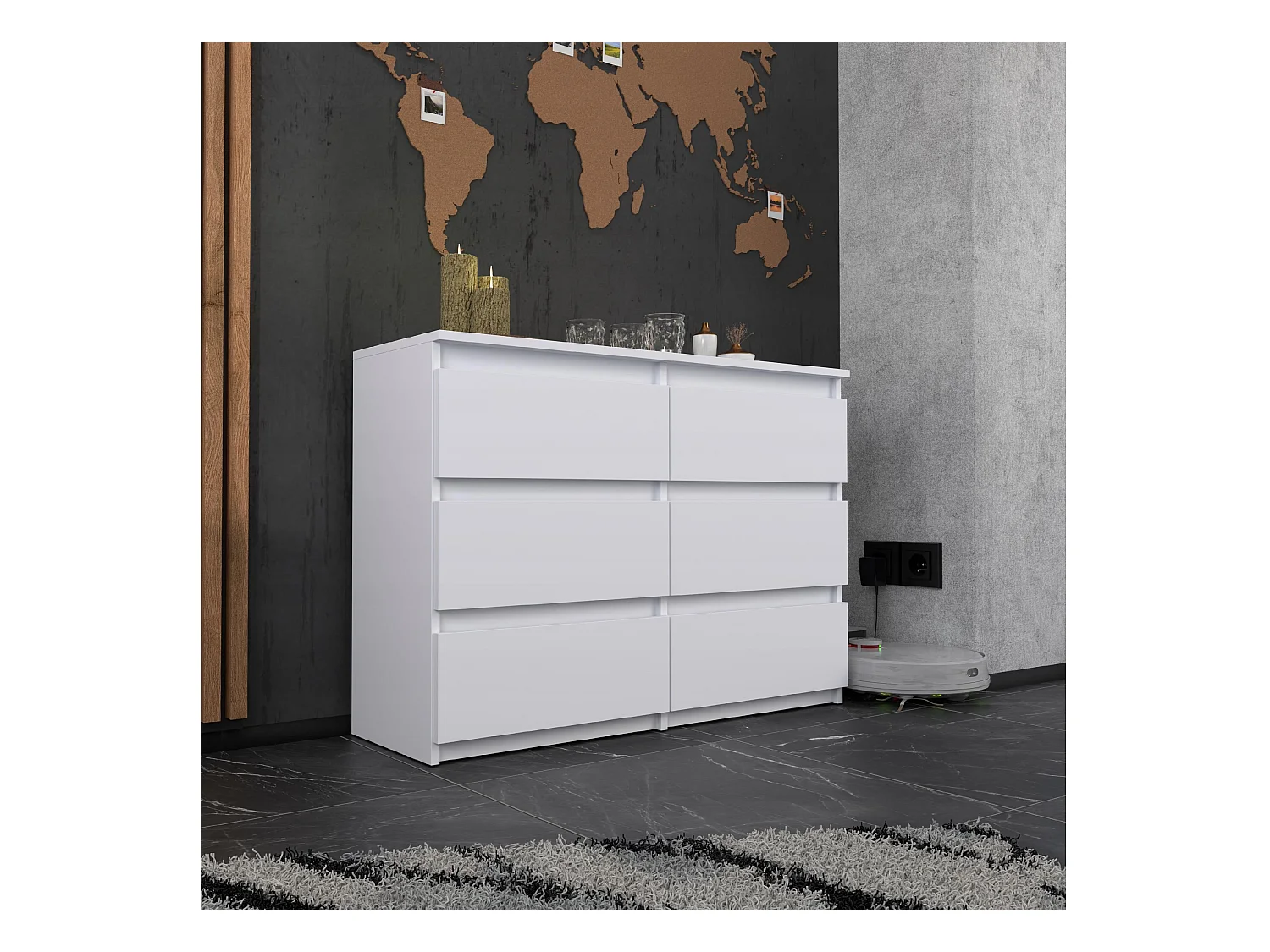 Commode 6 tiroirs – style contemporain – BLANC MAT – 100 cm -chifonnier meuble de salon TV