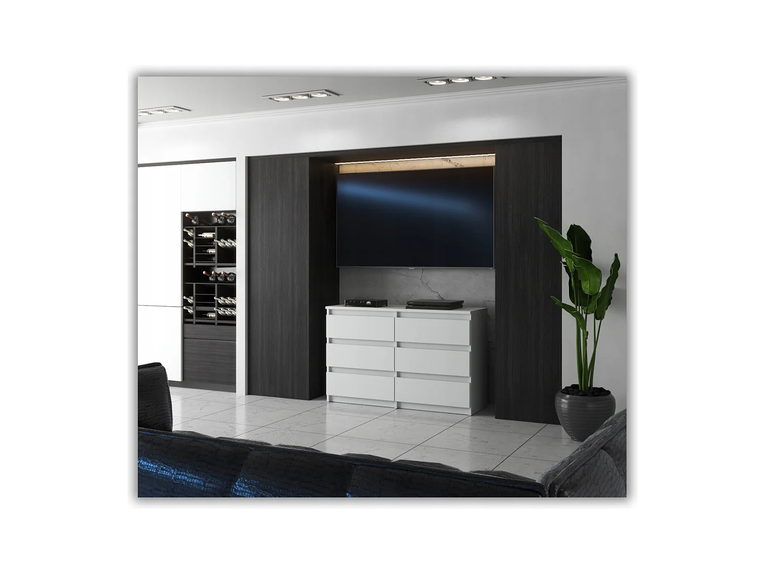 Commode 6 tiroirs – style contemporain – BLANC MAT – 100 cm -chifonnier meuble de salon TV