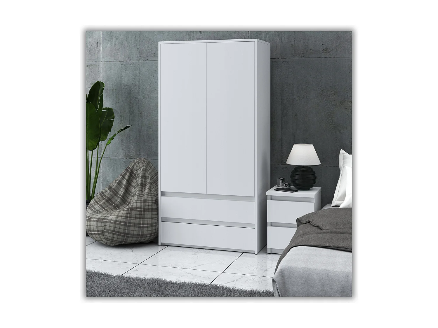 Set de Meuble de Rangement – Armoire 90 cm + Commode 6 Tiroirs 100cm  – Blanc Mat – Moderne et Pratique