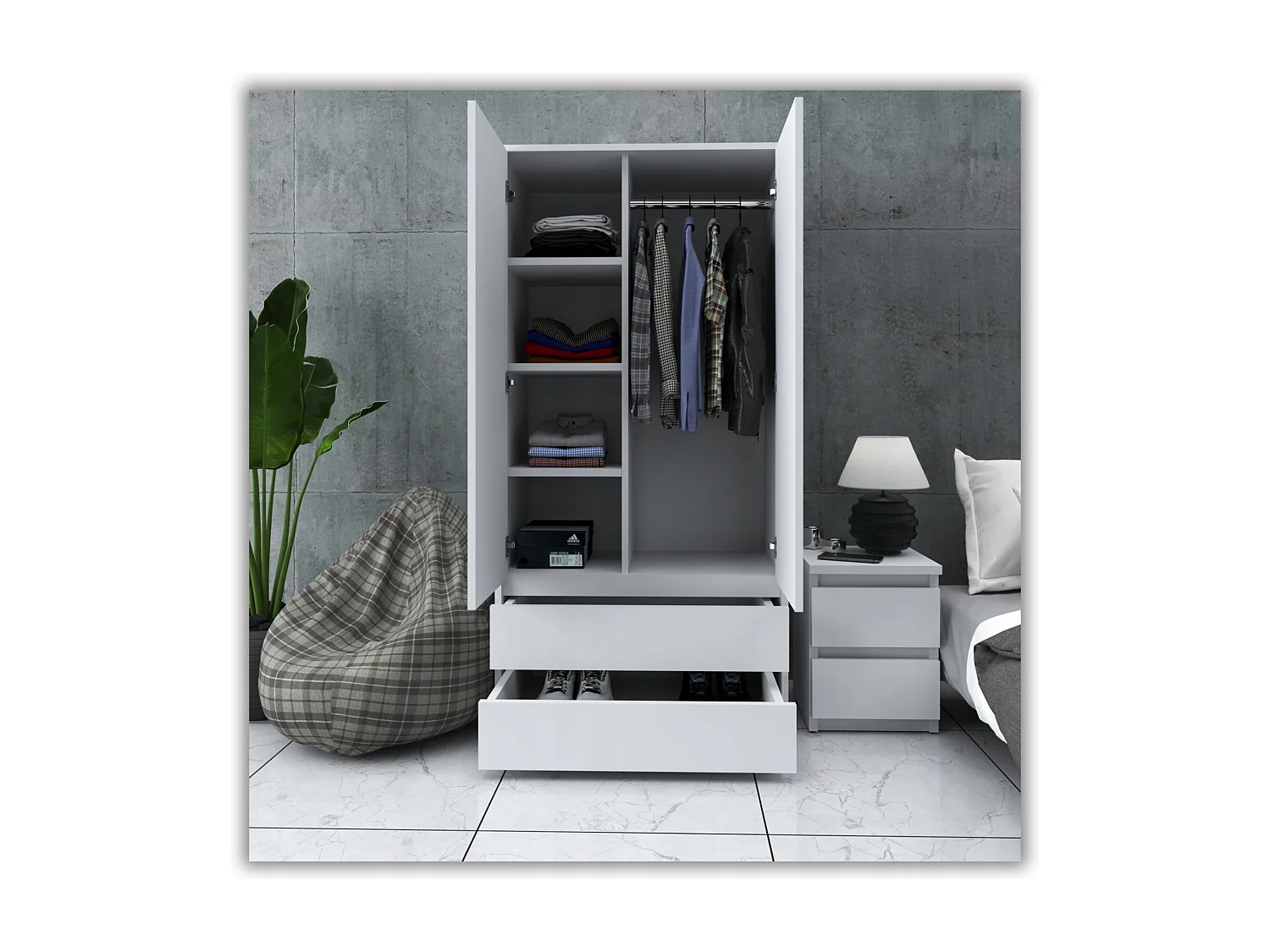 Set de Meuble de Rangement – Armoire 90 cm + Commode 6 Tiroirs 100cm  – Blanc Mat – Moderne et Pratique