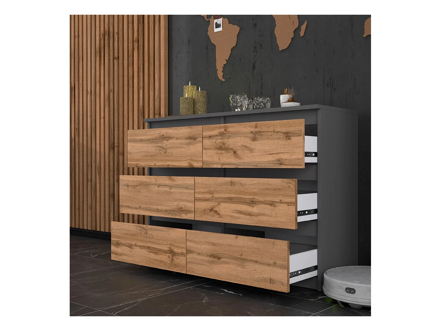 COMMODE À TIROIRS 100 CM GRIS CHÊNE WOTAN – MEUBLE MODERNE, SPACIEUX, STYLE LOFT