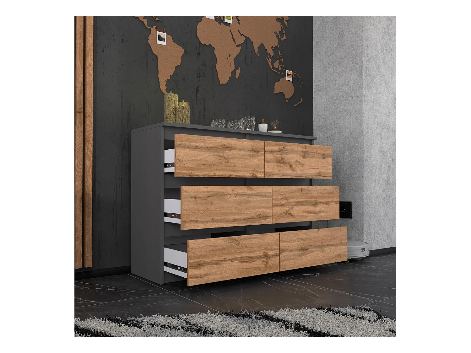 COMMODE À TIROIRS 100 CM GRIS CHÊNE WOTAN – MEUBLE MODERNE, SPACIEUX, STYLE LOFT