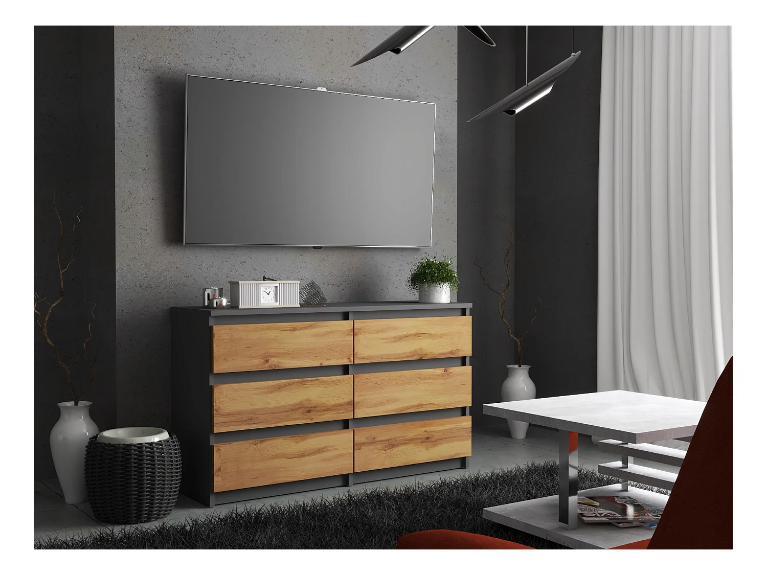 COMMODE À TIROIRS 100 CM GRIS CHÊNE WOTAN – MEUBLE MODERNE, SPACIEUX, STYLE LOFT