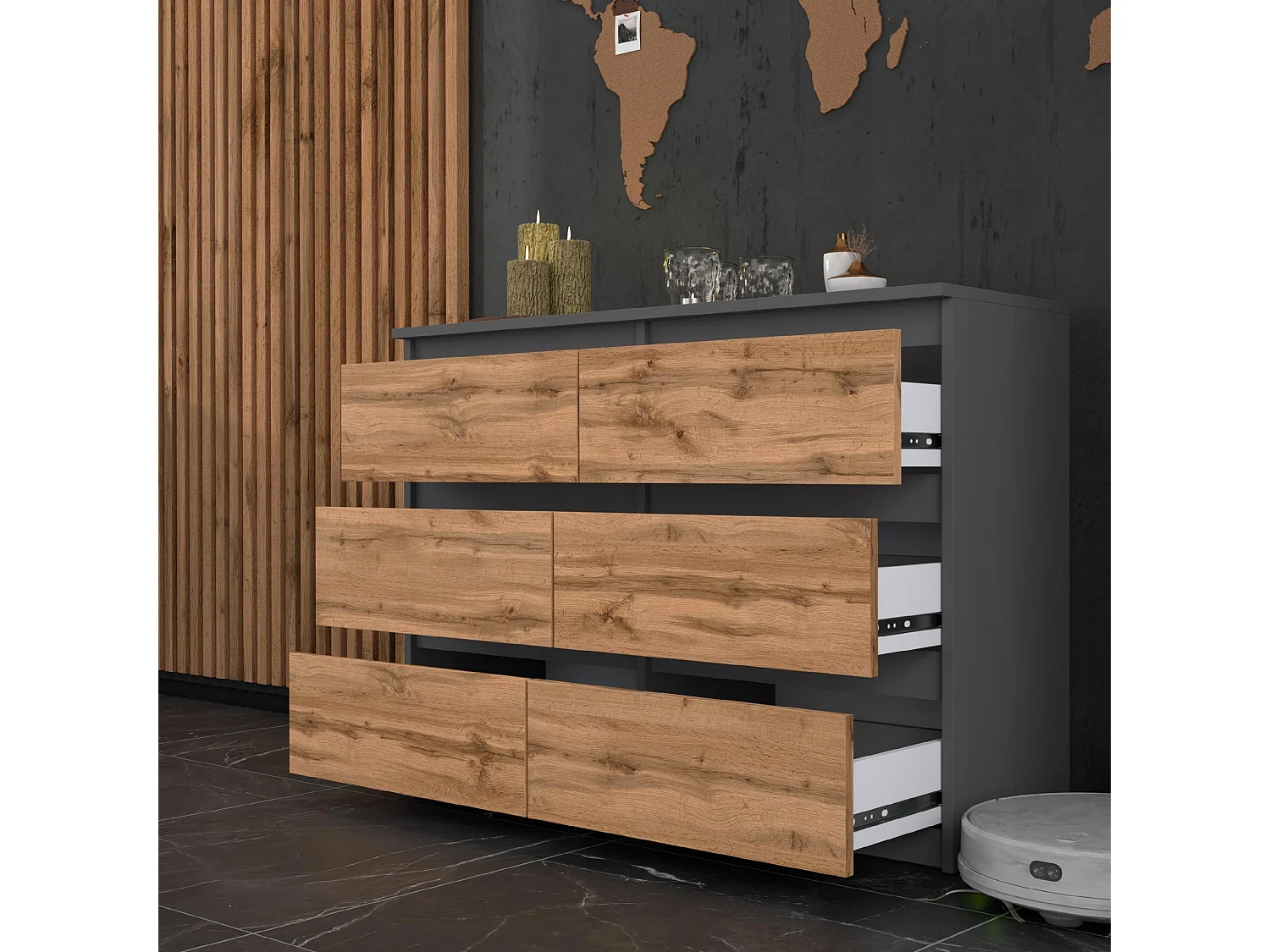 COMMODE À TIROIRS 100 CM GRIS CHÊNE WOTAN – MEUBLE MODERNE, SPACIEUX, STYLE LOFT