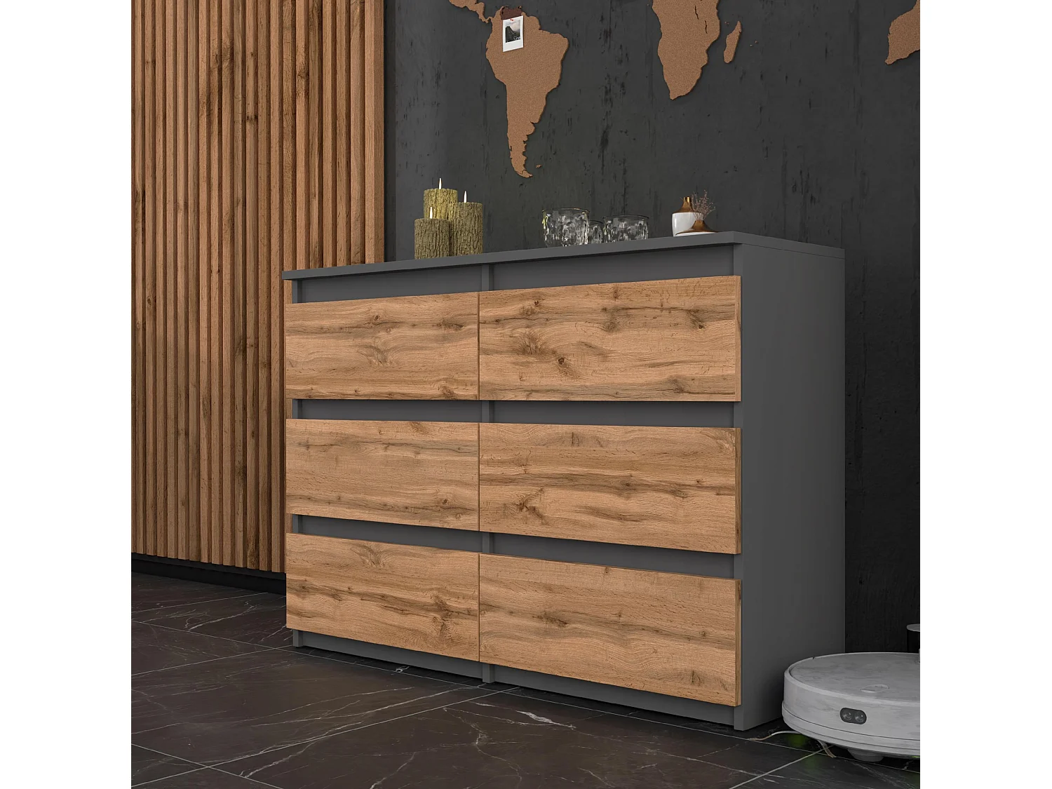 COMMODE À TIROIRS 100 CM GRIS CHÊNE WOTAN – MEUBLE MODERNE, SPACIEUX, STYLE LOFT