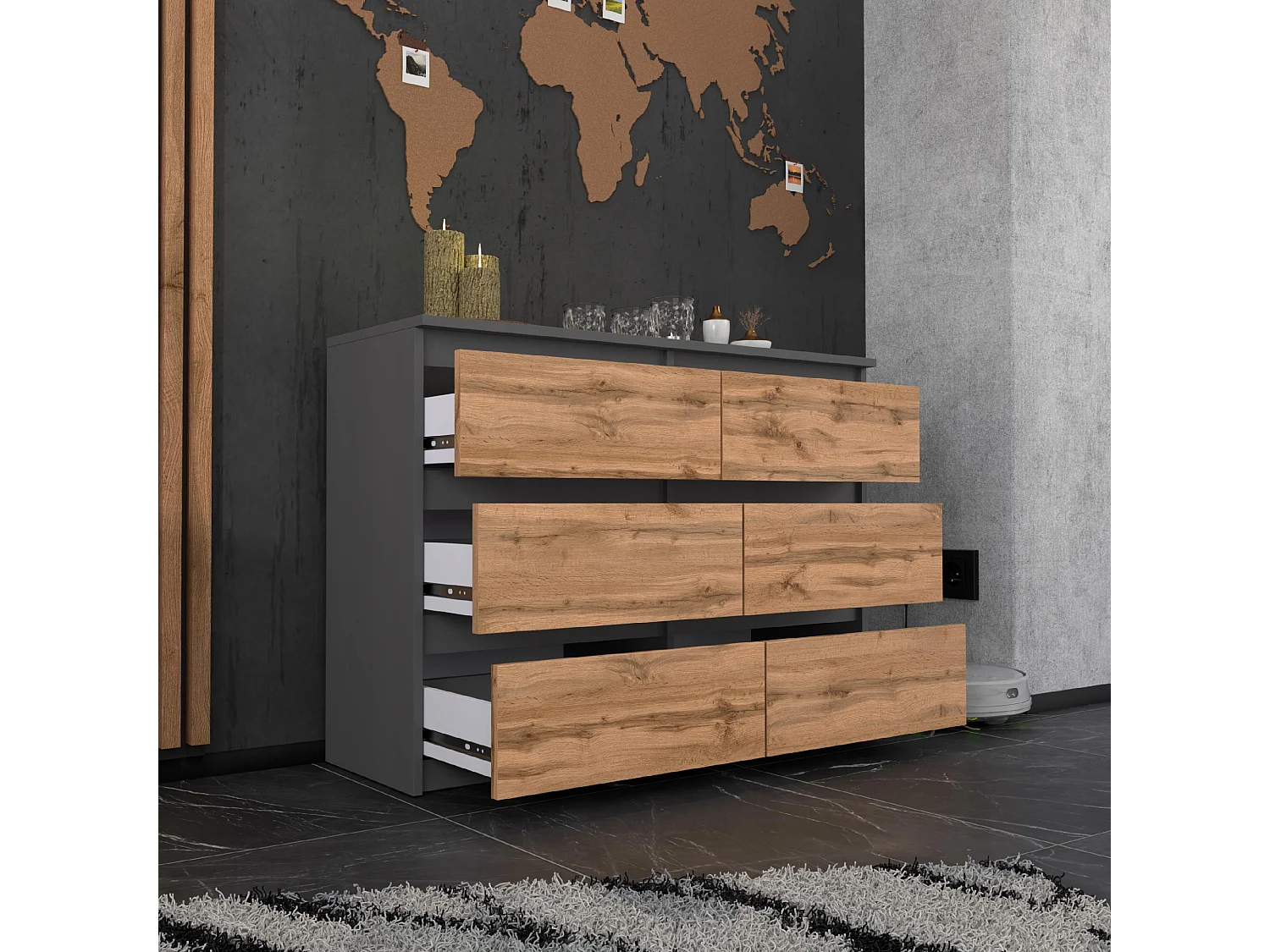 COMMODE À TIROIRS 100 CM GRIS CHÊNE WOTAN – MEUBLE MODERNE, SPACIEUX, STYLE LOFT