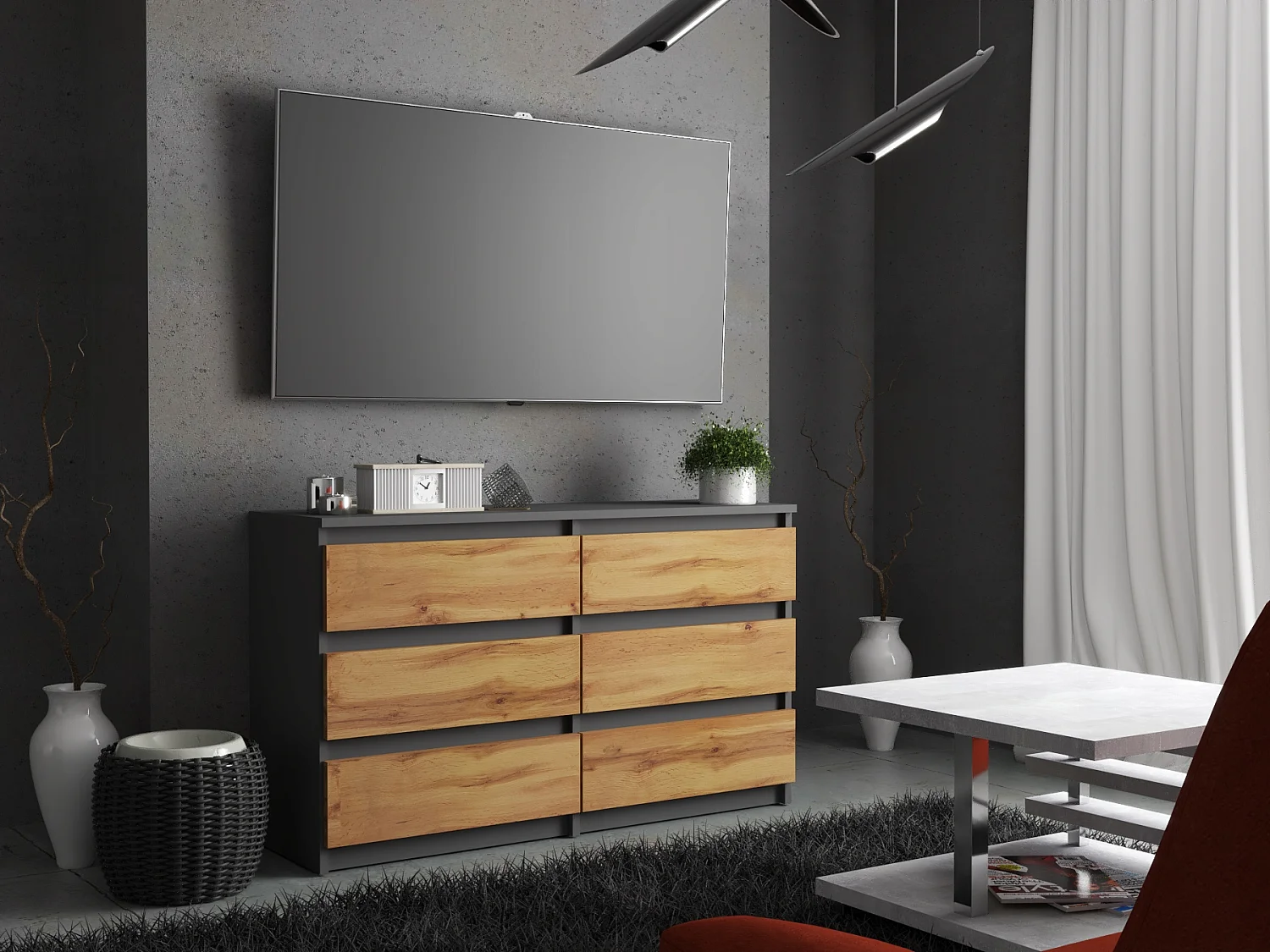 COMMODE À TIROIRS 100 CM GRIS CHÊNE WOTAN – MEUBLE MODERNE, SPACIEUX, STYLE LOFT