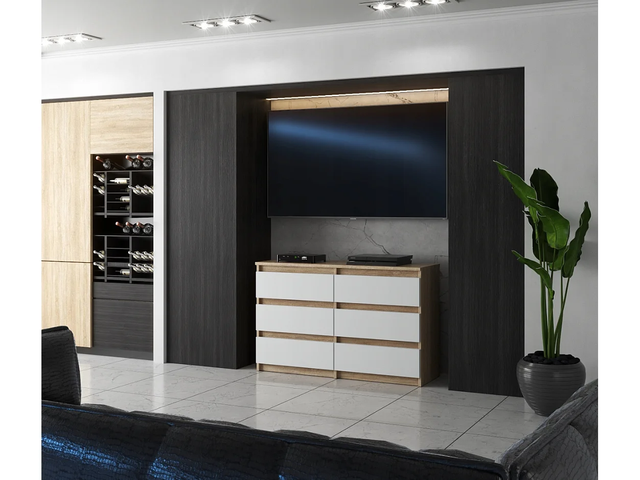 Commode Chêne Sonoma/Blanc 6 tiroirs 100x71,5X33,5CM Meuble TV- Salon - chambre -chifonnier