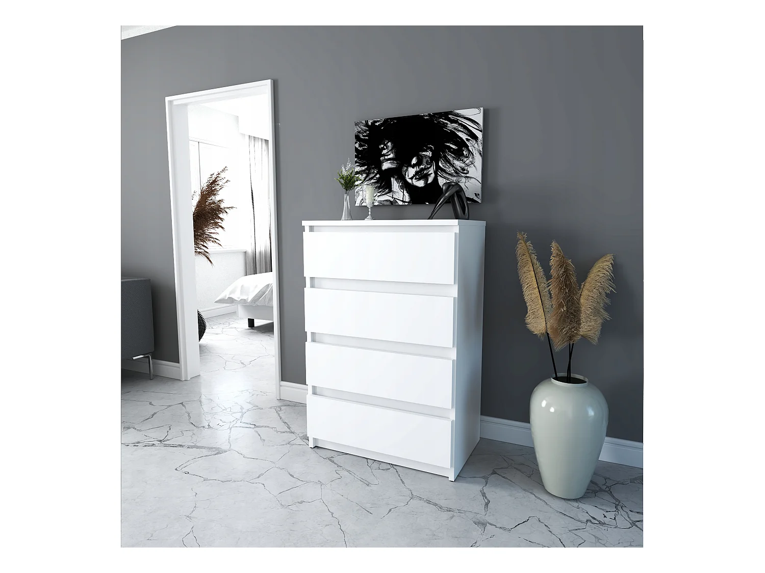 Commode blanche avec 4 tiroirs 60 cm — meuble TV, mobilier pour salon, chambre, style loft