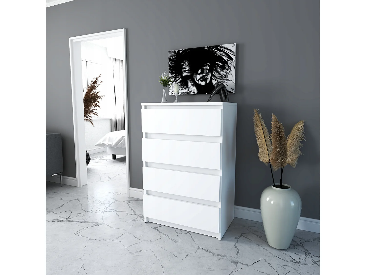 Commode blanche avec 4 tiroirs 60 cm — meuble TV, mobilier pour salon, chambre, style loft