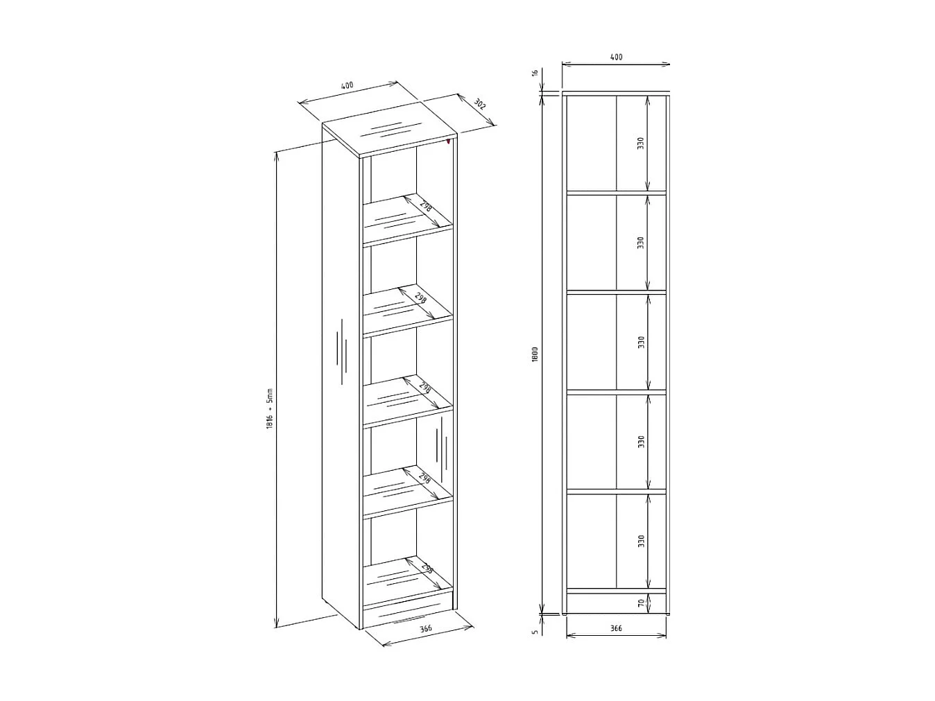 Libreria moderna 182x40x30 cm con 4 ripiani bianca LBT1