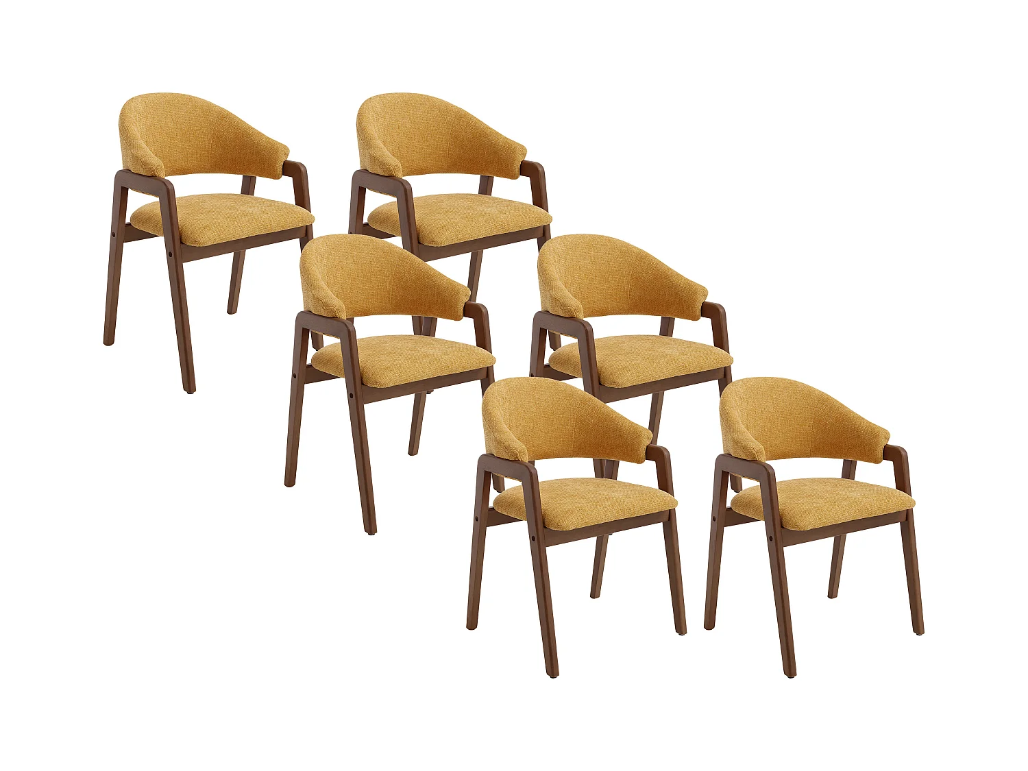 Sett med 6 stoler med armlener i strukturert stoff og gummitrestamme - Gul og mørk naturlig - SOLUNA