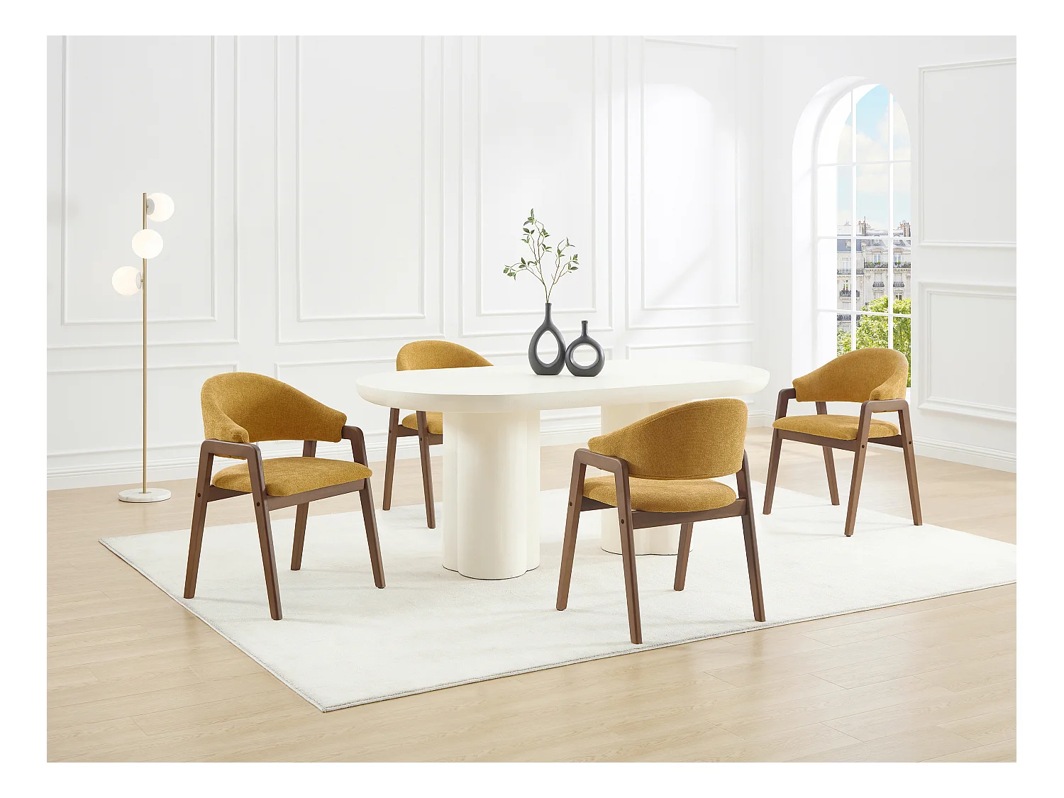 Lot de 6 chaises avec accoudoirs en tissu texturé et bois d'hévéa - Jaune et naturel foncé - SOLUNA