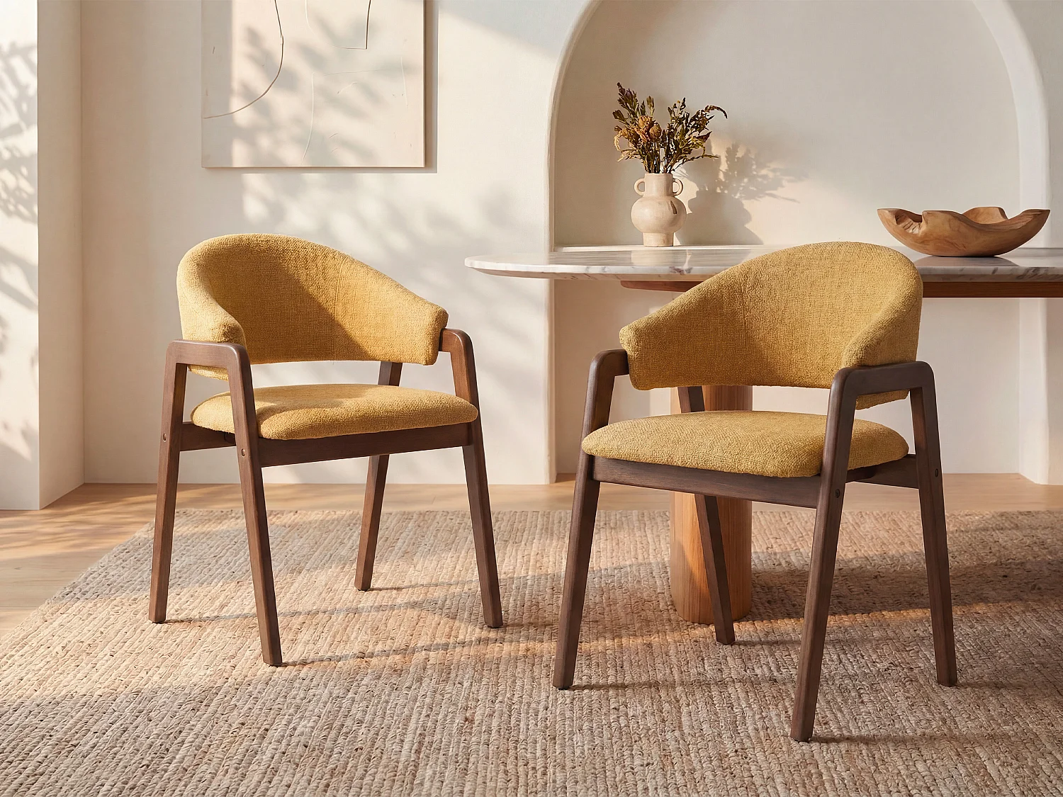 Lot de 6 chaises avec accoudoirs en tissu texturé et bois d'hévéa - Jaune et naturel foncé - SOLUNA