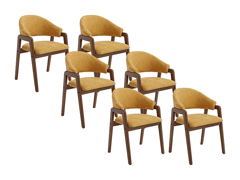 Stuhl mit Armlehnen 6er-Set - Strukturstoff & Kautschukholz - Gelb & Dunkel-Natur - SOLUNA