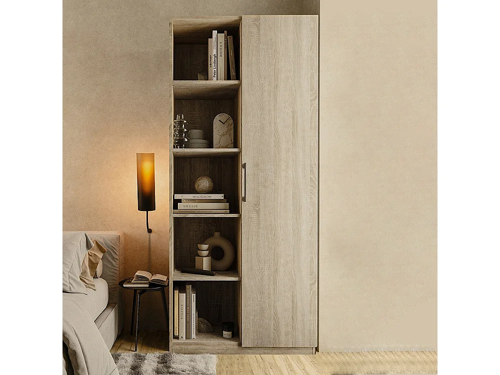 Libreria moderna 80x182x30 cm con vani a giorno e anta rovere chiaro LBT8