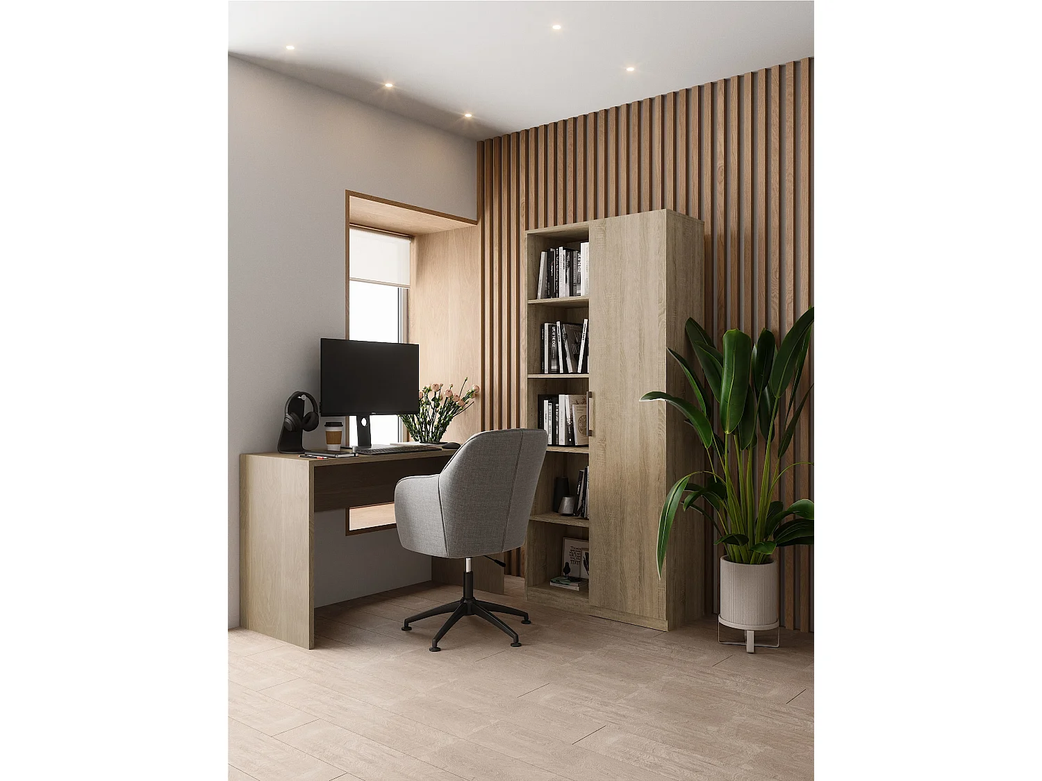 Libreria moderna 80x182x30 cm con vani a giorno e anta rovere chiaro LBT8