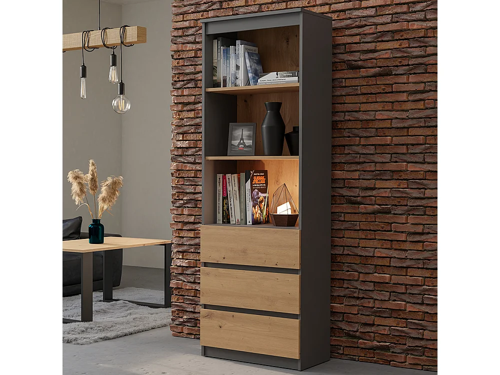 Libreria moderna 60x180x35 cm con cassetti rovere e antracite LBT6
