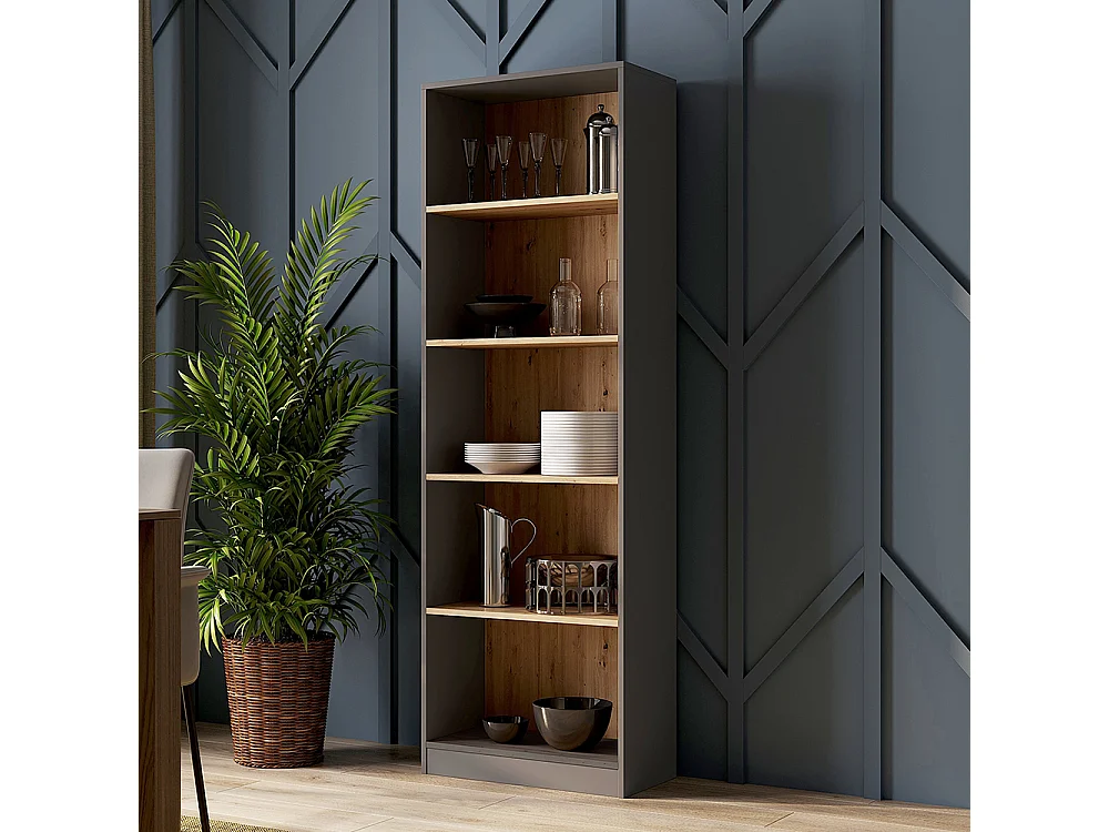 Libreria moderna 60x182x30 cm con ripiani rovere e antracite LBT2