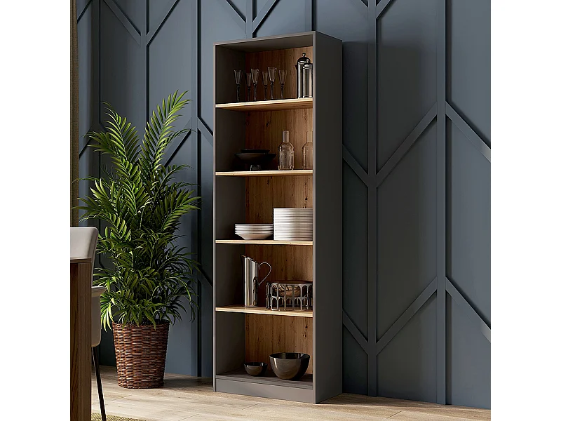 Libreria moderna 60x182x30 cm con ripiani rovere e antracite LBT2