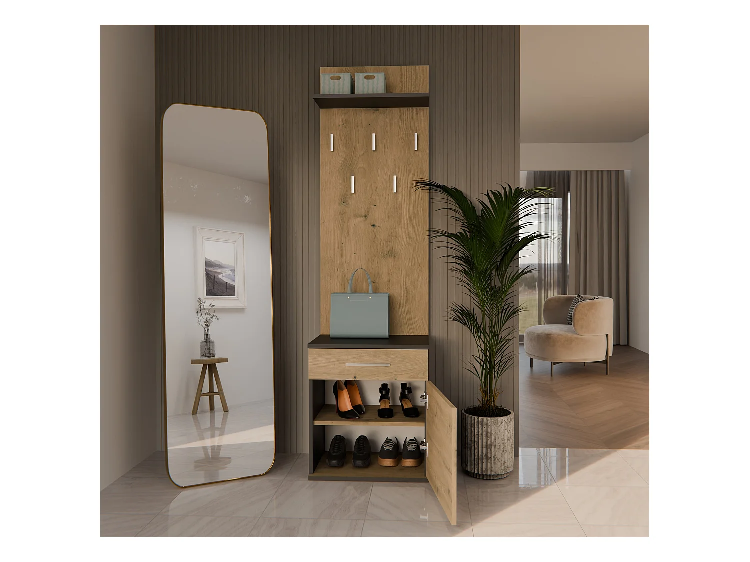 Appendiabiti con scarpiera moderno rovere e antracite MIT8