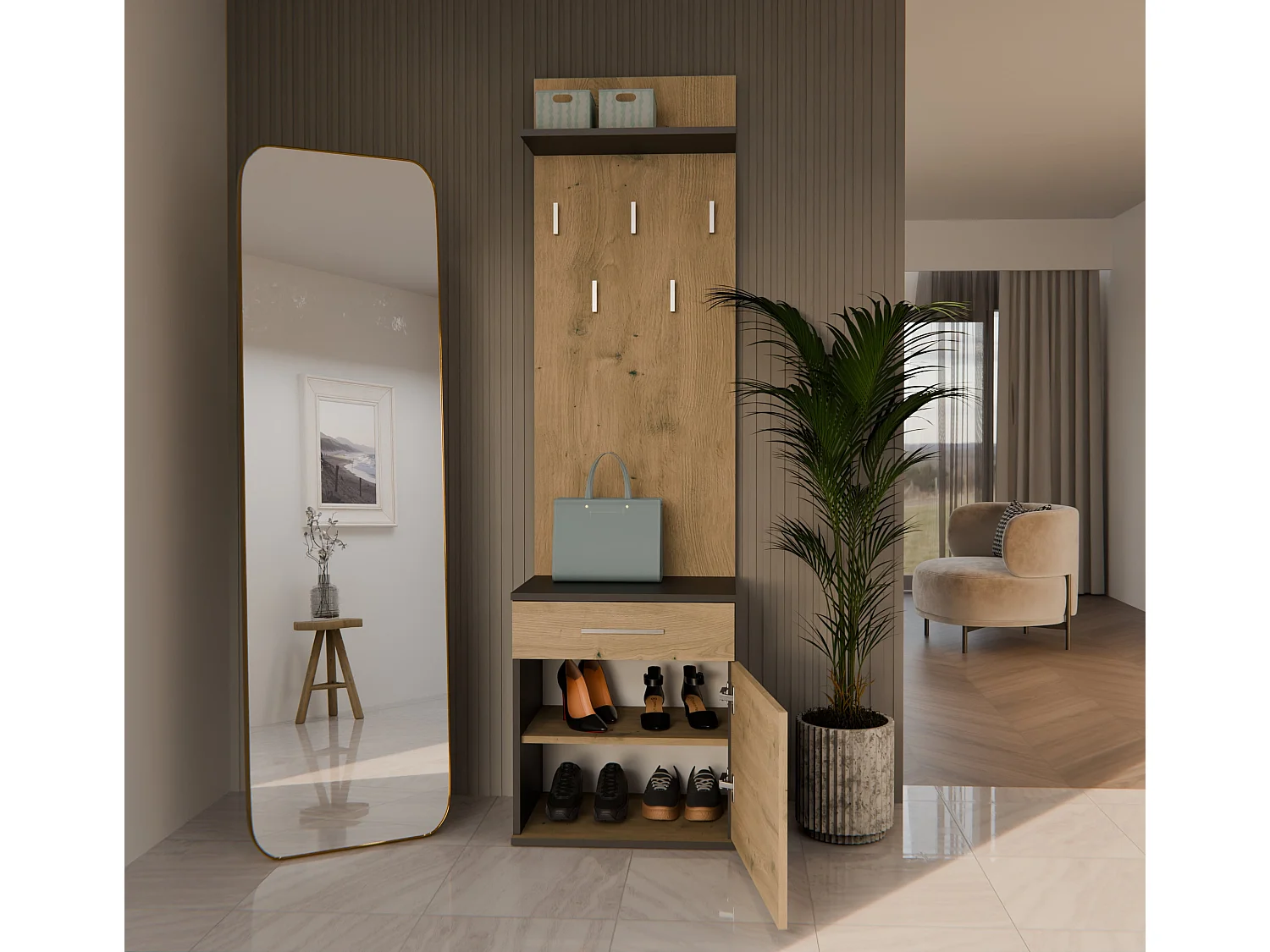 Appendiabiti con scarpiera moderno rovere e antracite MIT8