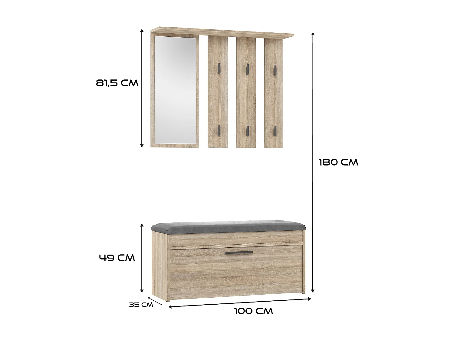 Mobile ingresso con specchio e scarpiera rovere chiaro MIT5