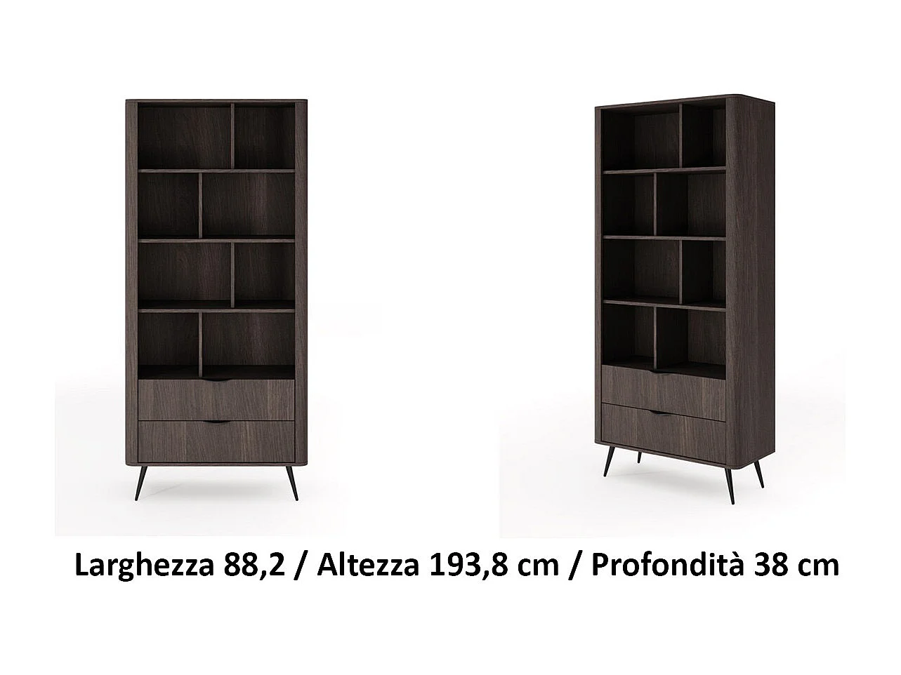 Libreria moderna 88x194 cm con 8 vani e 2 cassetti quercia scuro LBLK3