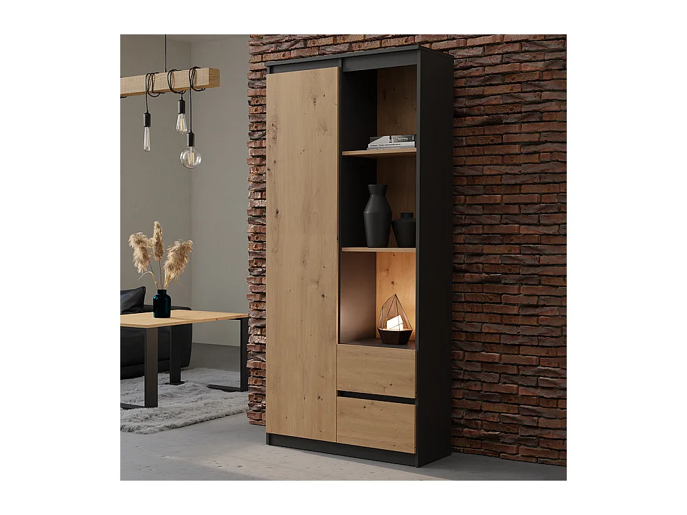 Libreria moderna 80x180x35 cm con anta e cassetti rovere e antracite LBT7