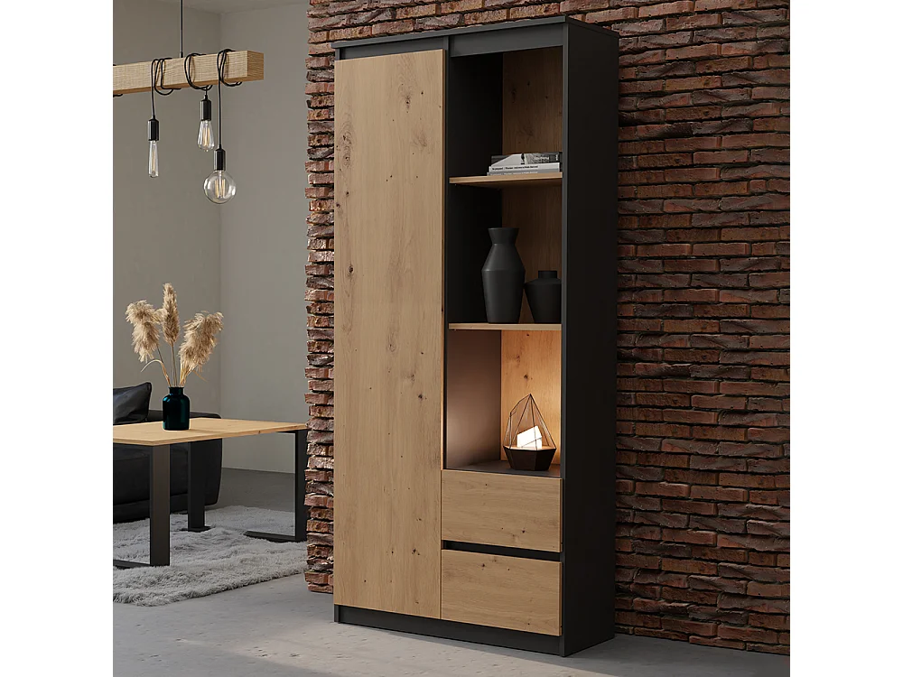 Libreria moderna 80x180x35 cm con anta e cassetti rovere e antracite LBT7