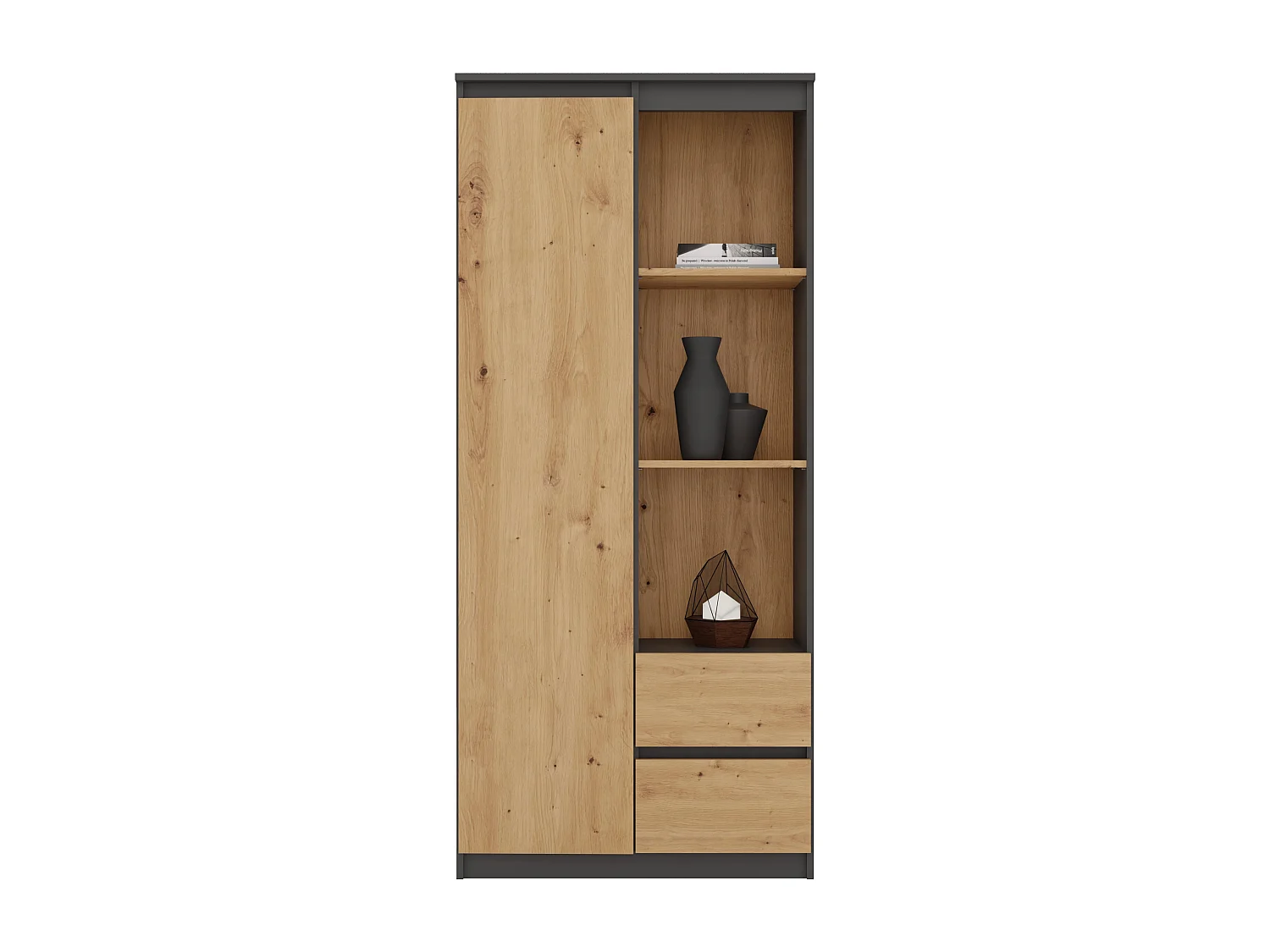 Libreria moderna 80x180x35 cm con anta e cassetti rovere e antracite LBT7