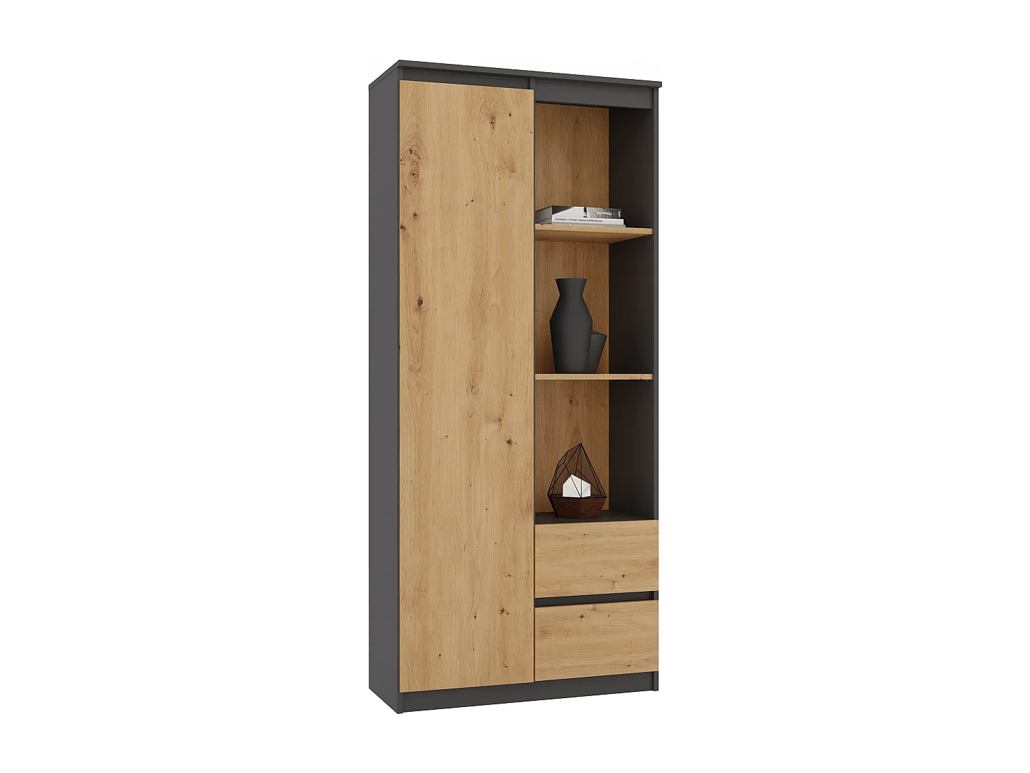 Libreria moderna 80x180x35 cm con anta e cassetti rovere e antracite LBT7