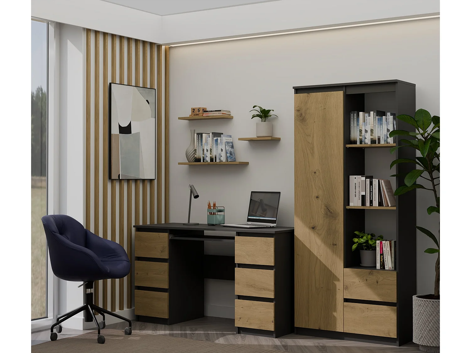 Libreria moderna 80x180x35 cm con anta e cassetti rovere e antracite LBT7