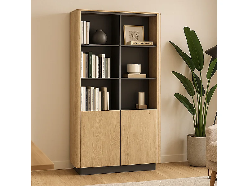 Libreria moderna 113x190 cm con 6 vani a giorno in rovere e nero LBLK2