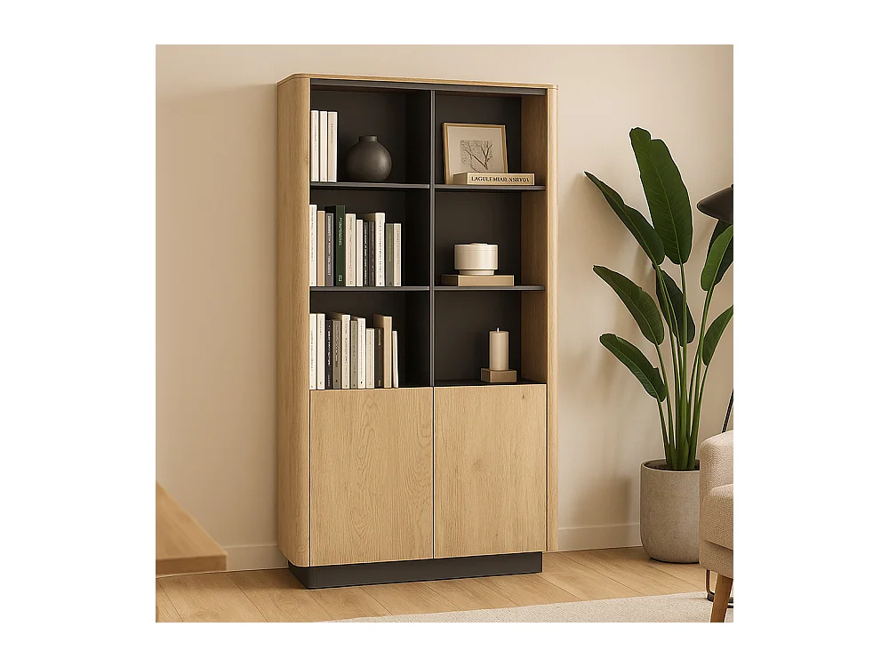 Libreria moderna 113x190 cm con 6 vani a giorno in rovere e nero LBLK2