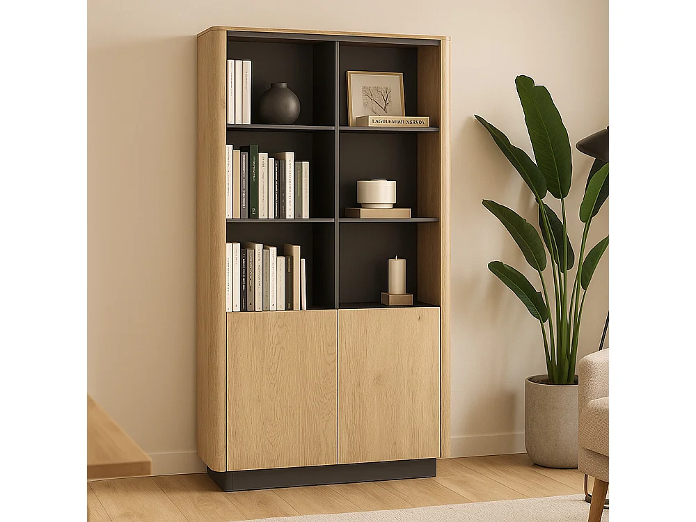 Libreria moderna 113x190 cm con 6 vani a giorno in rovere e nero LBLK2